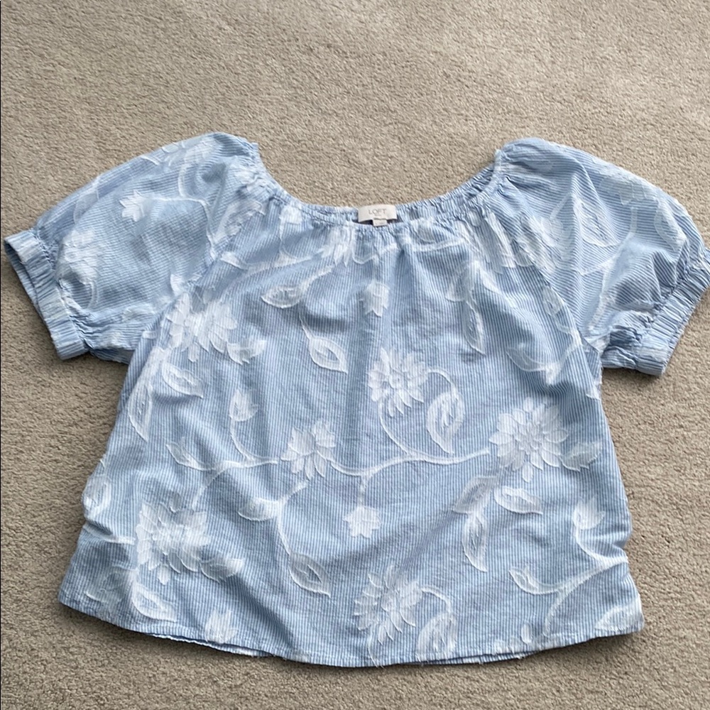 Loft outlet blue and white striped top with floral pattern. Large